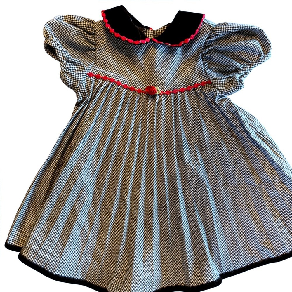 Vintage Houndstooth Toddler Girls Dress 24M Black Velvet Collar Red Rose Trim